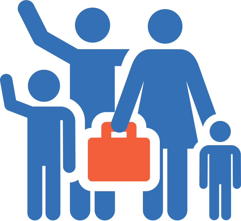 Blaues Icon einer Familie mit orangenem Koffer